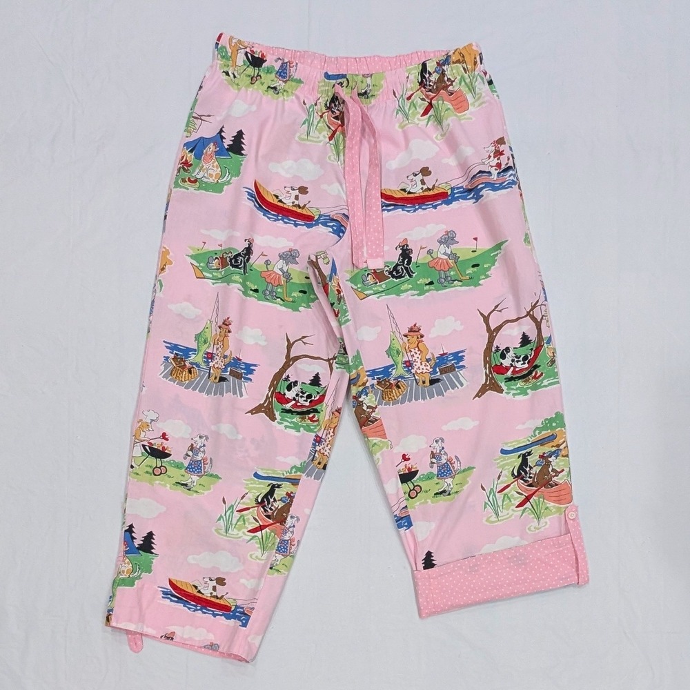 Nick & Nora Roll-up Pajama Pants Cotton Pink Dogs Fishing Golf Barbeque Pic-Nick